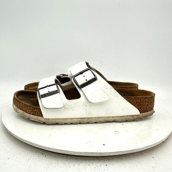 Birkenstock Shoes - Birkenstock Arizona Women Size 8 White Leather Slide Buckle Comfort Sandal